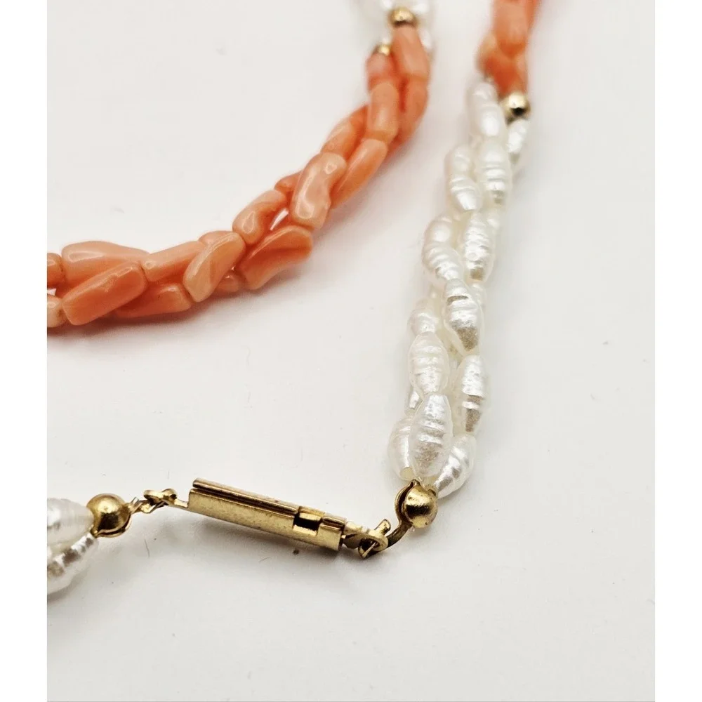 3 Strand Twisted White Rice Pearls/ Coral‎ Necklace With Gold Colored Beads 24